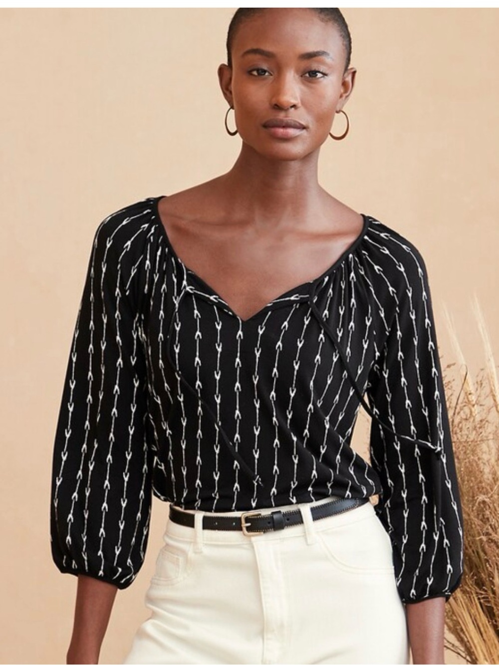 Garnet Hill Noa Gathered Knit Tee Tie Neck Black Ivory Stripe Pattern Size Small